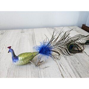 Glass peacock clip‎ ornament bird feather unique glitter sparkle large Xmas tree